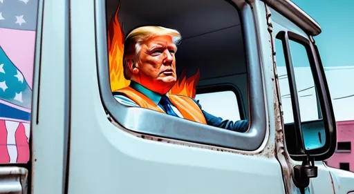 Prompt: (man in safety vest looking out the window of a truck while on fire), (Donald J Trump), (pop art style), (VFX enhancement), pop art, expressive pose, trippy colors, dynamic lighting, cityscape background, ambiance full of anticipation, high-quality representation.