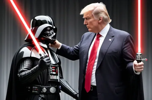 Prompt: Donald Trump fighting Darth Vader with lightsabers 