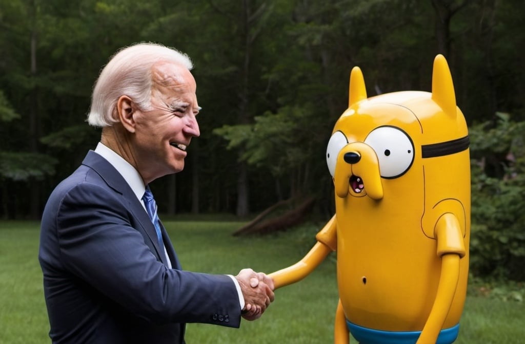 Prompt: Joe Biden shaking hands with Finn from adventure time