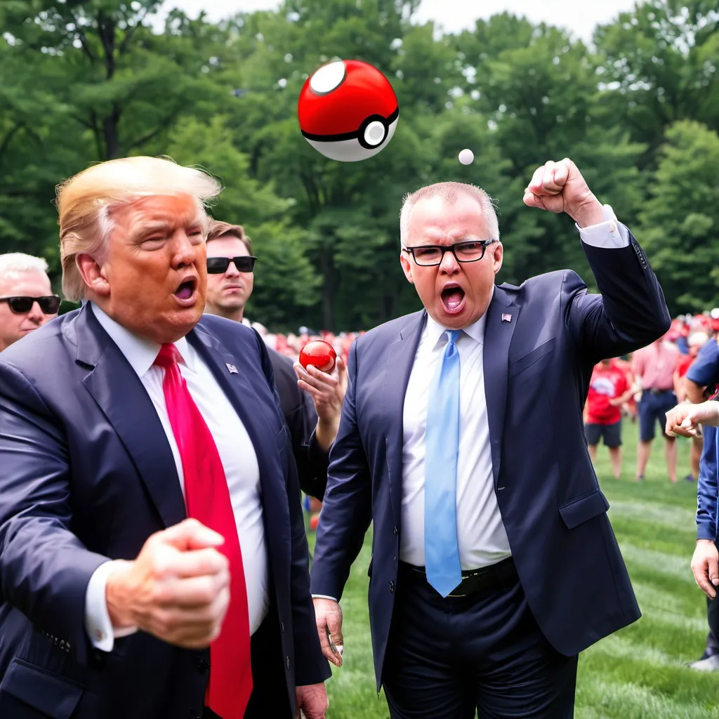 Prompt: Tim Walz throwing Pokeballs at Donald Trump