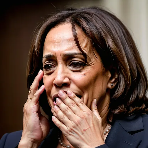 Prompt: Kamala Harris crying into her hand on her face