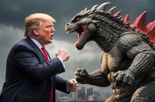 Prompt: Donald Trump v.s fist fighting Godzilla