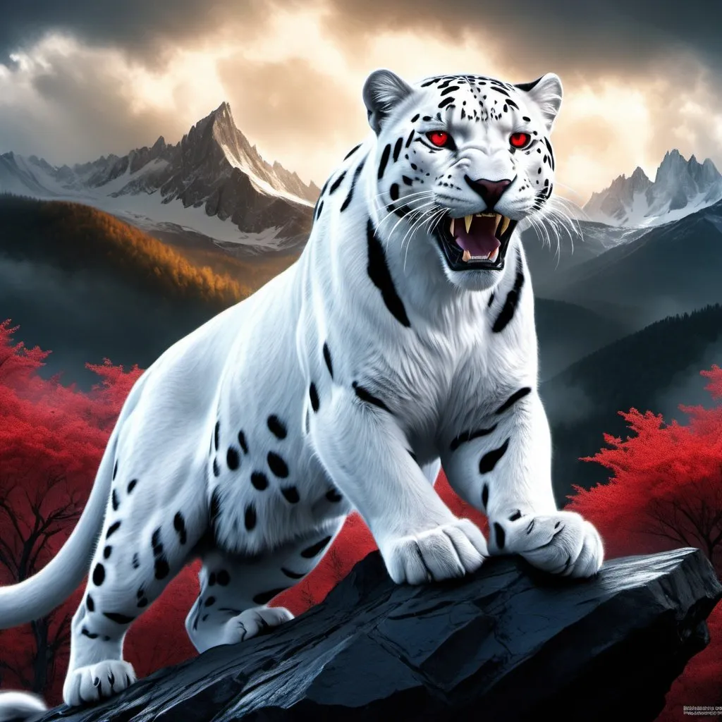 Prompt: , ((A Detailed Metallic White Frost panther glamourous sparkling White and black, red gems over its body, Diamond red Eyes in roaring to Patrol its domain over a forest, Stone and thunderstorm Mountains, details, perfect lighting, hyperdetailed, , Epic cinematic brilliant stunning meticulously detailed atmospheric digital matte painting masterpiece 