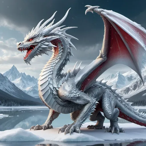 Prompt: <my model>, ((A Detailed Metallic White Frost Dragon)), with glamourous sparkling White and Ice red gems over its body, Diamond Eyes in  roaring to Patrol its domain over a Frozen Lake, Snow Storm Mountains, intricate details, perfect lighting, hyperdetailed, Frozen Frost breath, Epic cinematic brilliant stunning intricate meticulously detailed atmospheric maximalist digital matte painting masterpiece 