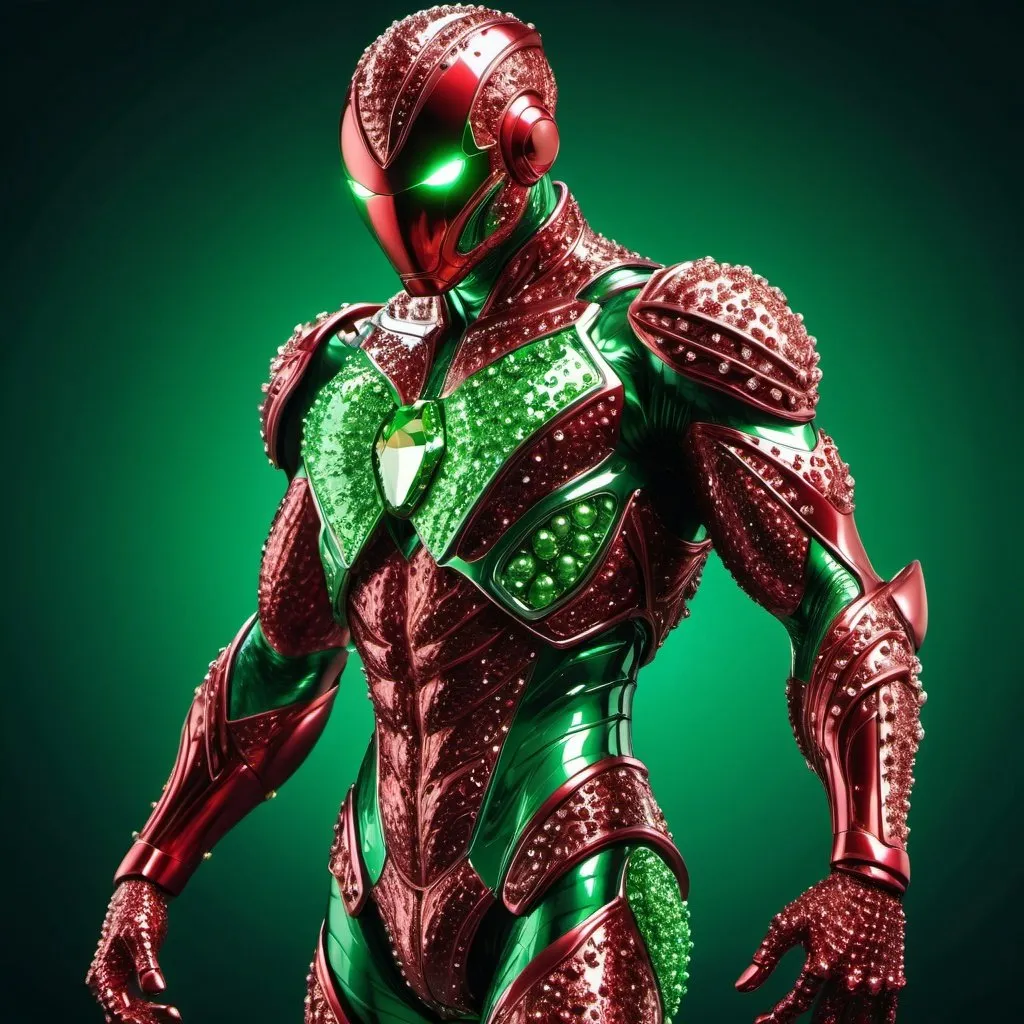 Prompt: ((detailed illustration of a men)), with dynamic pose looking at the viewers, with iron red Metal suit fully coated with green diamond pearls, hyperdetailed, perfect lighting, cinematic stunning and intricate detailed, 