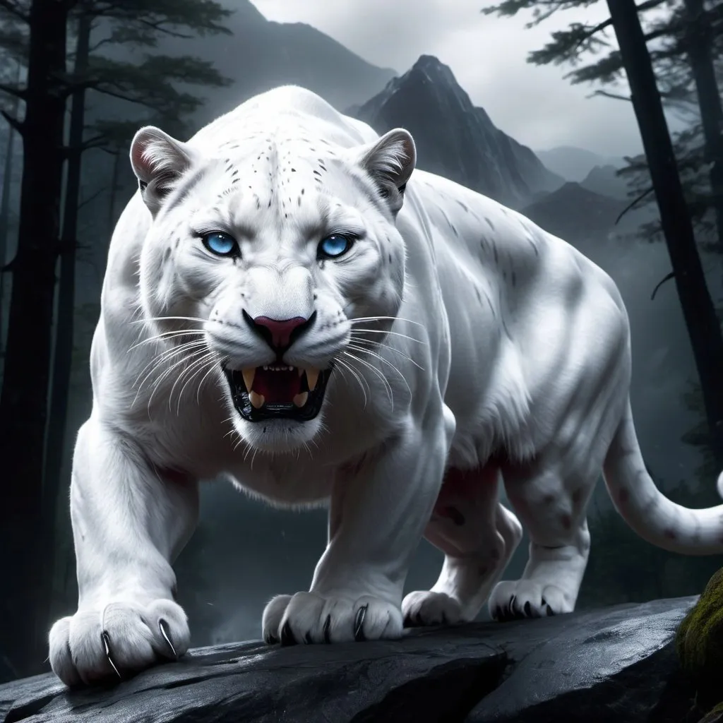 Prompt: , ((A Detailed Metallic White Frost panther glamourous sparkling White and black, red gems over its body, Diamond Eyes in roaring to Patrol its domain over a forest, Stone and thunderstorm Mountains, details, perfect lighting, hyperdetailed, , Epic cinematic brilliant stunning meticulously detailed atmospheric digital matte painting masterpiece 