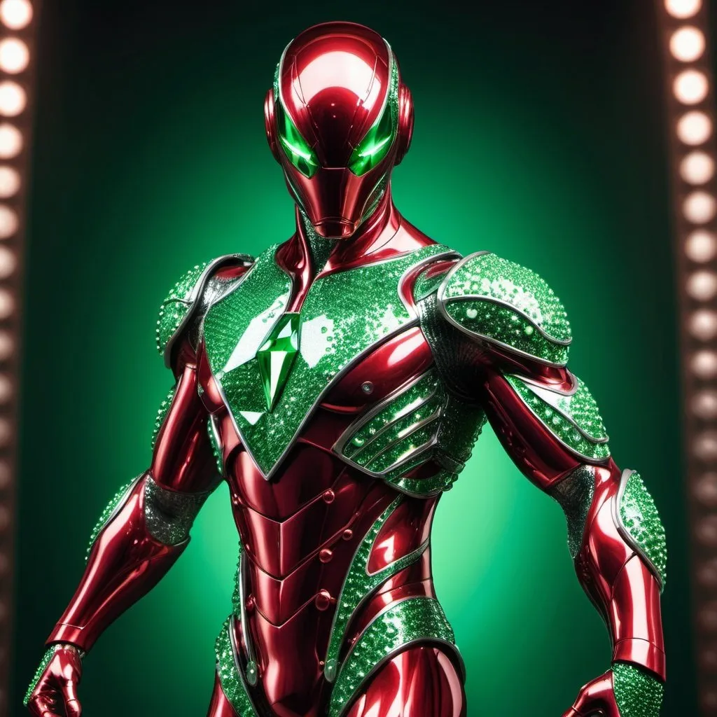 Prompt: ((detailed illustration of a men)), with dynamic pose looking at the viewers, with iron red Metal suit fully coated with green diamond pearls, hyperdetailed, perfect lighting, cinematic stunning and intricate detailed, 