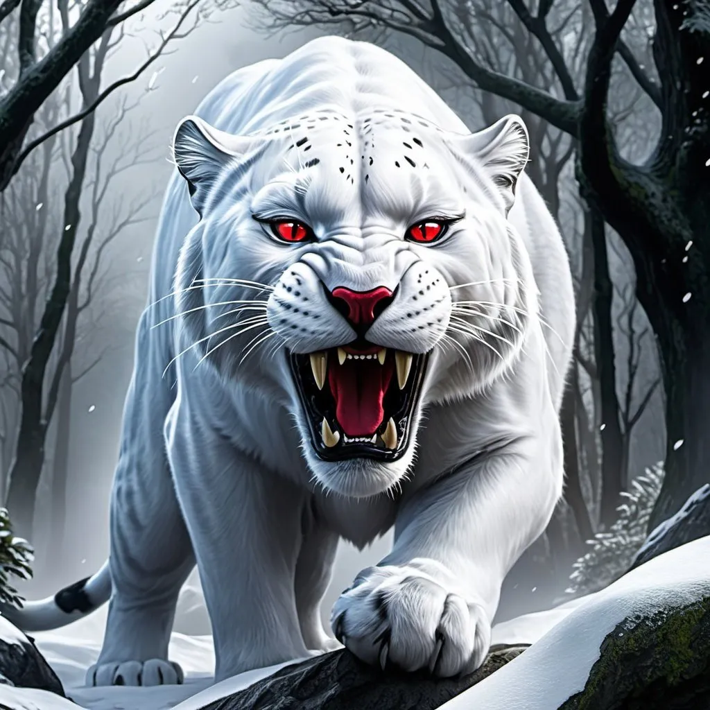 Prompt: ((A Detailed Metallic White Frost panther glamourous sparkling White and black, red gems over its body, and full blood in mouth, Diamond red Eyes in roaring to Patrol its domain over a forest, Stone and thunderstorm Mountains, details, perfect lighting, hyperdetailed, , Epic cinematic brilliant stunning meticulously detailed atmospheric digital matte painting masterpiece 