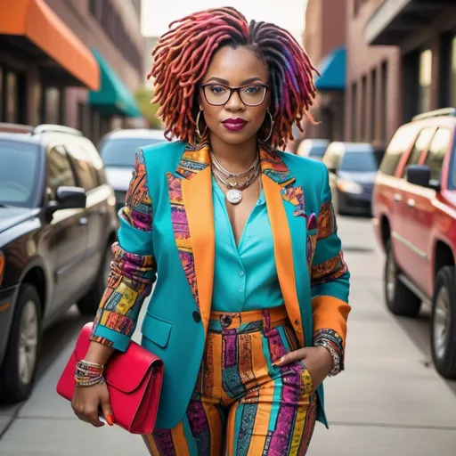 Prompt: 
Airbrushed glossy image of stunning slim size woman African American woman with glasses and microlocs, wearing a colorful blazer, matching pants, sneakers, a designer brief case with colorful print patterns, matching jewelry and nail polish, vibrant colors going to a business meeting