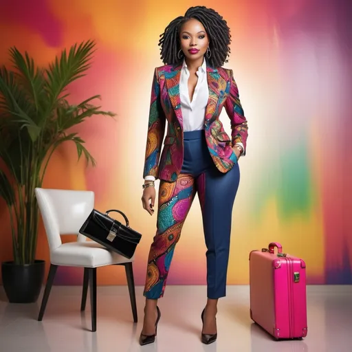 Prompt: 
Airbrushed glossy image of stunning slim size woman African American woman with  black microlocs, wearing a  blazer, matching pants, heels, a designer brief case with colorful print patterns, matching jewelry and nail polish, vibrant colors going to a business meeting