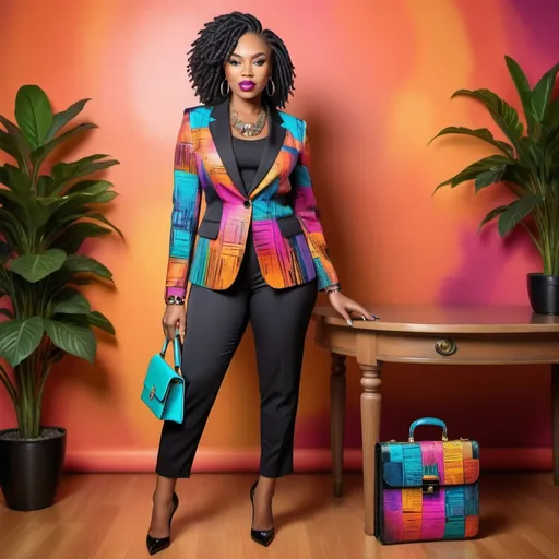 Prompt: 
Airbrushed glossy image of stunning slim size woman African American woman with  black microlocs, wearing a  blazer, matching pants, heels, a designer brief case with colorful print patterns, matching jewelry and nail polish, vibrant colors going to a business meeting