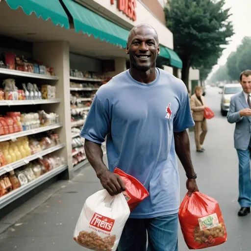 Prompt: Michael Jordan in a street holding plastic begs from the supermarket 