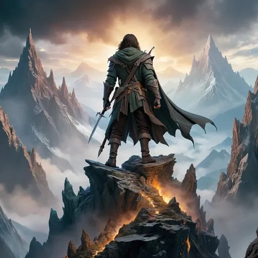 Prompt: An Assassin standing Above the top of mountain of chaotic mystic, magical, adventure world in the middle earth