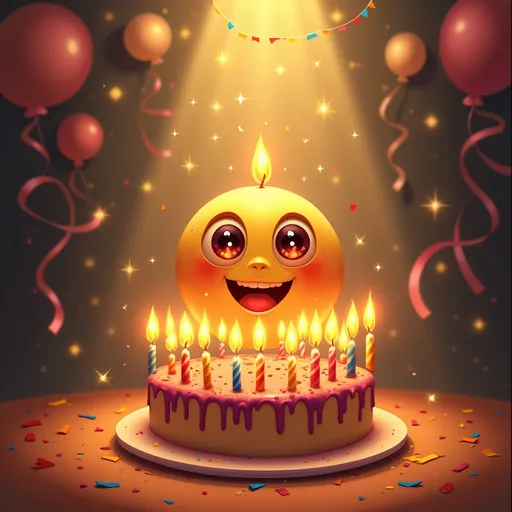 Prompt: A smiley face has puckered lips and is blowing out birthday candles
