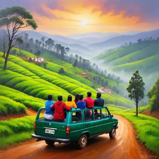 Prompt: Group of friends enjoying a scenic tour in Ooty, vibrant oil painting, lush green hills, misty valleys, cozy hill station, high quality, vibrant oil painting, scenic landscape, happy friends, joyful atmosphere, misty mountains, colorful, vivid, atmospheric lighting