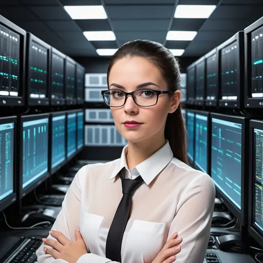 Prompt: Create an image of an data center with routers and servers showing in the background.  IT admin with multiple monitors with dashboards in front of her and showing side of her face but she is facing these multiple screens.