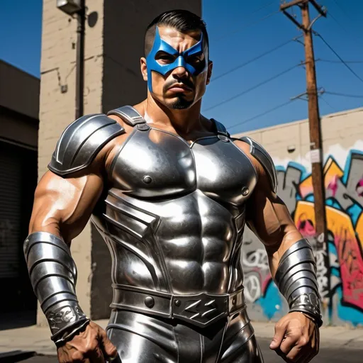 Prompt: Cholo superhero in metallic armor, urban East L.A. setting, gritty and detailed graffiti, intense and powerful stance, high-quality, comic book style, metallic tones, dramatic street lighting, graffiti art, street culture, superhero, muscular physique, confident expression, vivid color palette, professional lighting