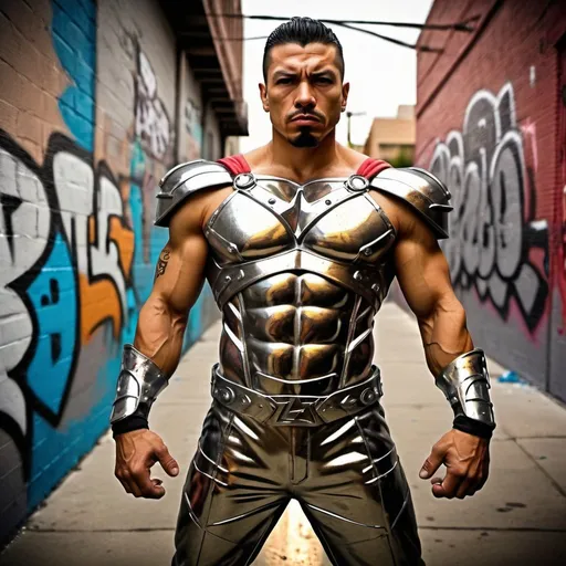 Prompt: Cholo superhero in metallic armor, urban East L.A. setting, gritty and detailed graffiti, intense and powerful stance, high-quality, comic book style, metallic tones, dramatic street lighting, graffiti art, street culture, superhero, muscular physique, confident expression, vivid color palette, professional lighting