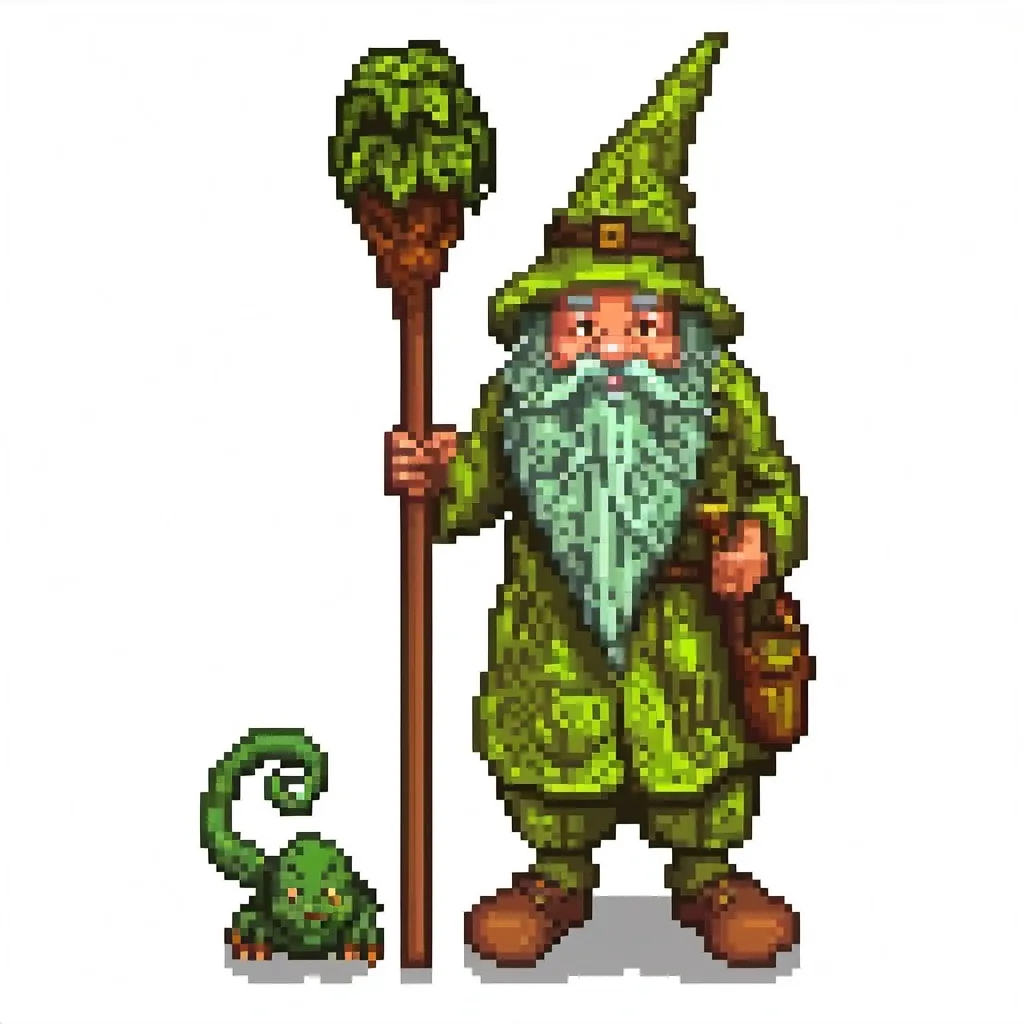 Prompt: hundred-year-old gnome hermit with a staff in his hands
Moss-covered staff with the head of an earthen dragon