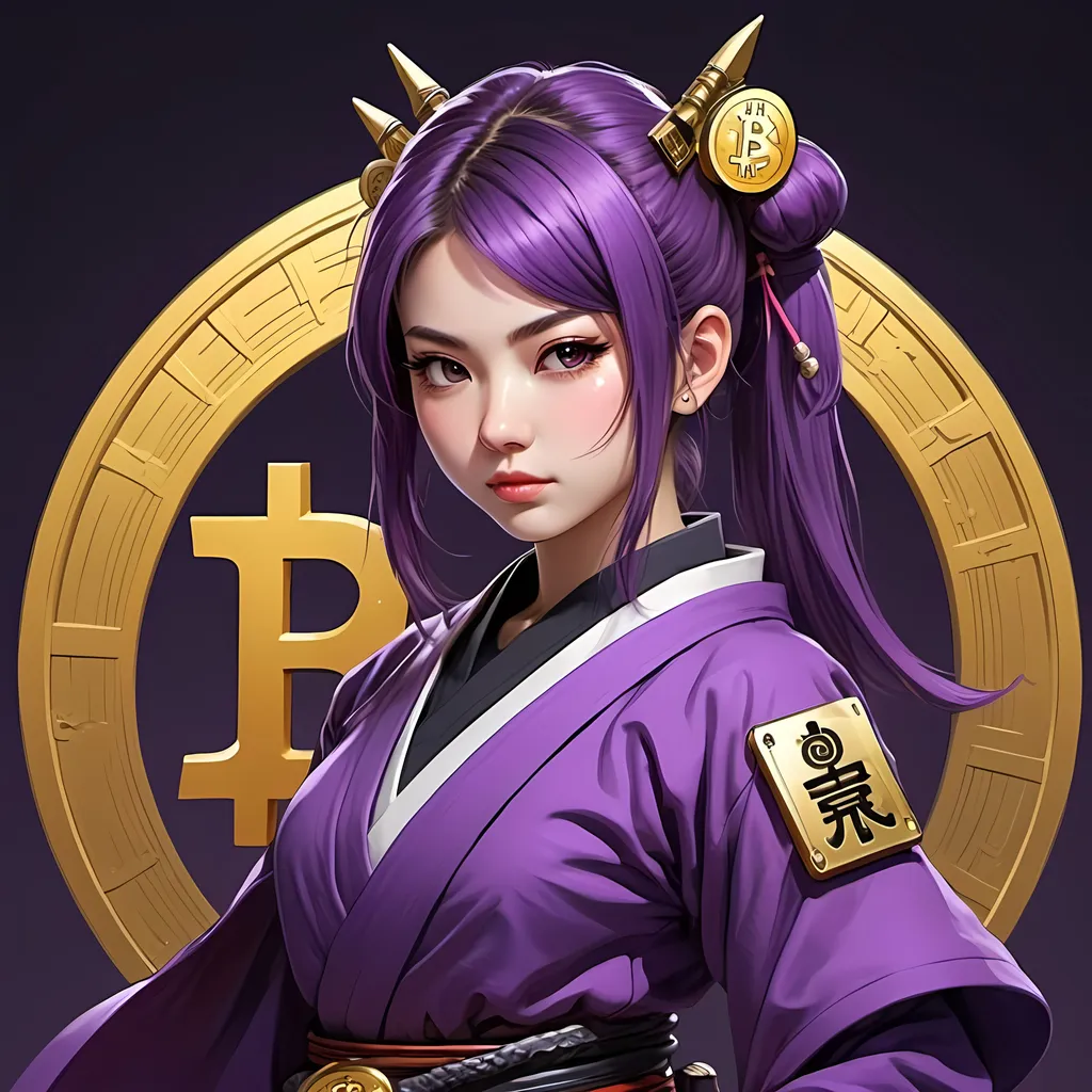 Prompt: japanese girl character samurai in purple like acheron from honki star rail which in one hand holding floating bitcoin profile picture