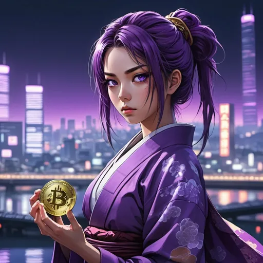 Prompt: High-quality anime illustration of a powerful samurai girl in a purple kimono, holding a floating bitcoin, urban cityscape background, detailed eyes, intense gaze, futuristic cyberpunk setting, detailed hair with reflections, anime, vibrant purple tones, professional, atmospheric lighting