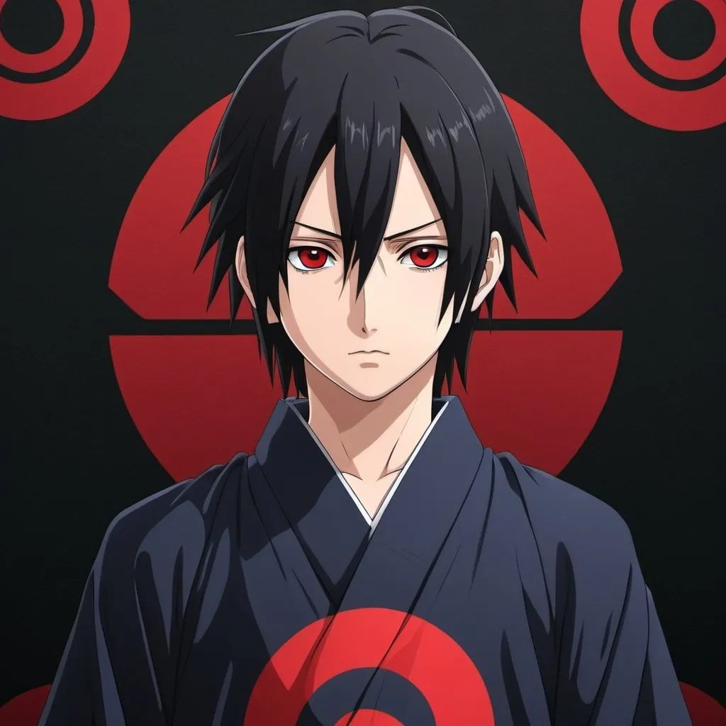 Prompt: 12 years old boy, long black hair, Pale Skin, Uchiha Logo, 3 tomoe Sharingan, kimono, best quality, UHD, high quality, wearing eye patch, beautiful, Poker Face, Indifference, Uchiha Itachi's Face, 