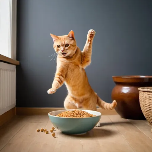 Prompt: An orange british short hair cat dancing next to a bowl of kibbles