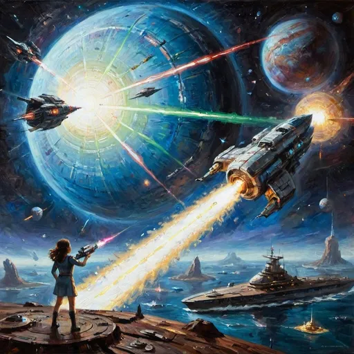 Prompt: A space Battle Above a planet with one large spaceship and many small ones shooting lasers with a girl looking on from a ship
