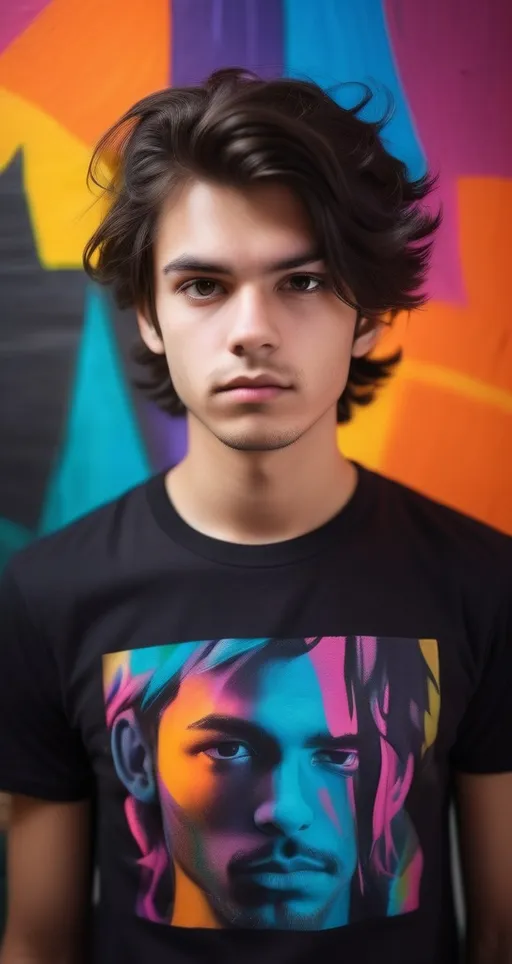 Prompt: With tousled dark hair styled in a vibrant hue, a young man gazes thoughtfully at the camera, his expression reflecting a mix of confidence and contemplation. He wears a black T-shirt featuring an artistic print, likely depicting a character or a theme that catches the eye. The background presents a softly blurred indoor environment, hinting at colors and shapes that suggest a casual setting. The lighting is bright, enhancing the vibrancy of his shirt and casting gentle shadows that accentuate his facial features. This moment captures a sense of self-assurance and individuality, inviting viewers to ponder the character depicted on his shirt.