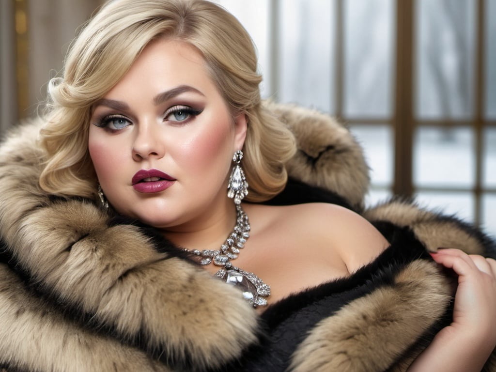 Chubby blonde woman in jewels and furs, heavy makeup...
