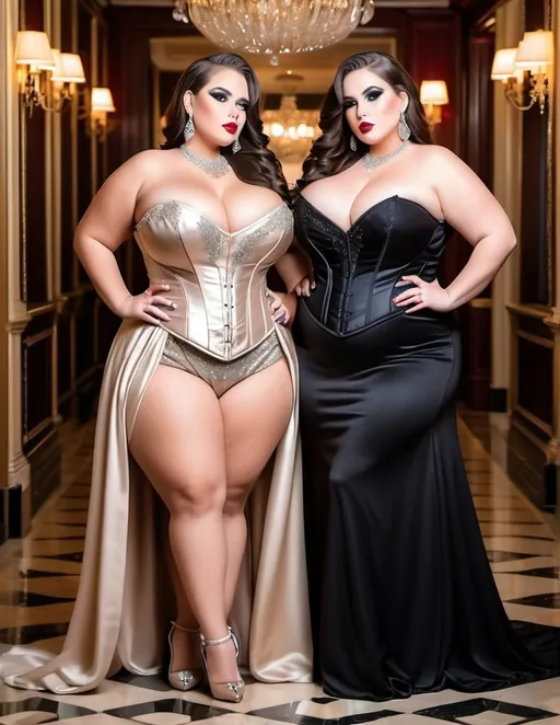 Prompt: Full body picture of two Obese classy girls, hugely chesty, wearing jewelry, heavy makeup, low cut evening gown, wearing a corset, massive backside , high heels, luxurious mansion setting