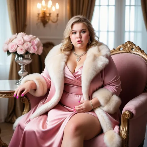 Prompt: Beautiful Chubby spoiled blonde girl in satin dress and furs, jewelry, luxurious living room, surprised expression, pink nails, opulent furnishings, soft natural lighting, magnificent 