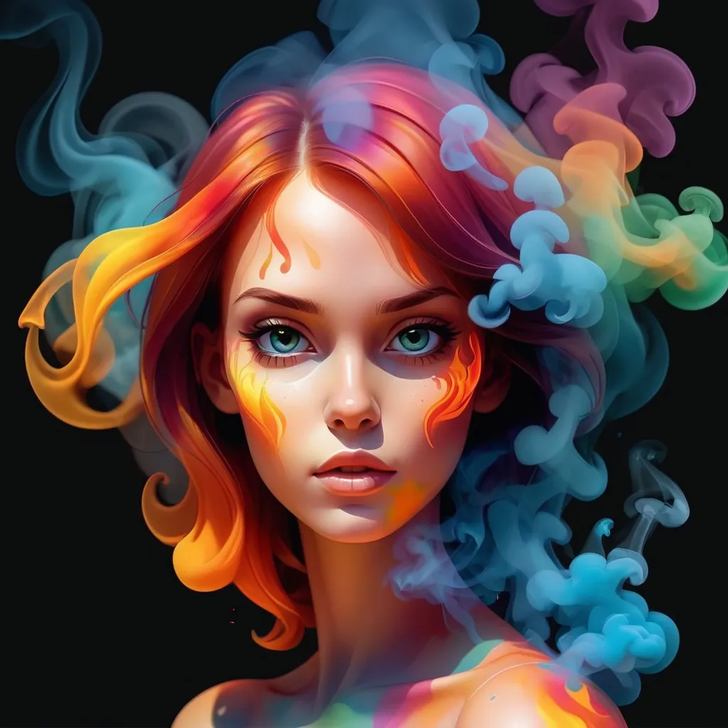 Prompt: vector transparent girl made of colorful smoke and fire