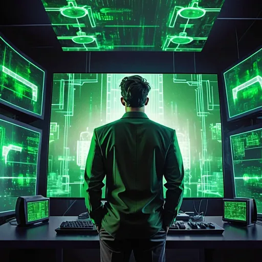 Prompt: a man standing in front of a computer monitor covered in green lights on the monitor screen, Andries Stock, computer art, green, cyberpunk art