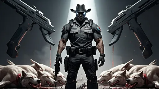 Prompt: Evil buff wolf soldier wearing modern uniform with futuristic weapons standing over dead bodies wearing a cowboy hat