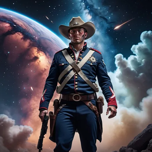 Prompt: Revolutionary war soldier with modern weapons looking tough and buff wearing  modern uniform in space with a cowboy hat