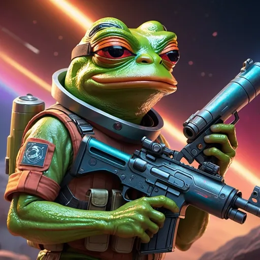 Prompt: Pepe frog buff tough wearing a combat space uniform holding a futuristic rifle 