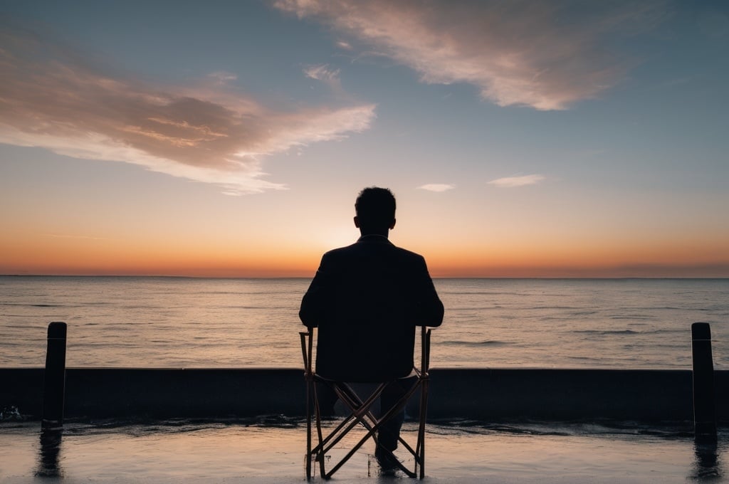 Prompt: A man sitting on the chair and looking at the evening sea. 