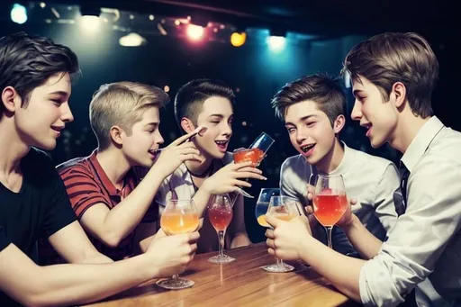 Prompt: Drink with friends at the party. Only boys in this party. They drunk. This is a club.