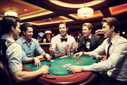 Prompt: Having fun drinking and playing casino with friends. only boys