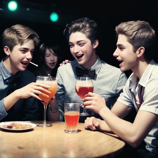 Prompt: Drink with friends at the party. Only boys in this party. They drunk. This is a club.