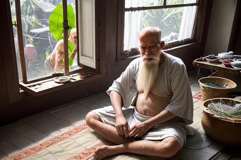 Prompt: The hairless grandfather with a long white beard is sitting on the floor of the house and cutting betel nuts from the window.