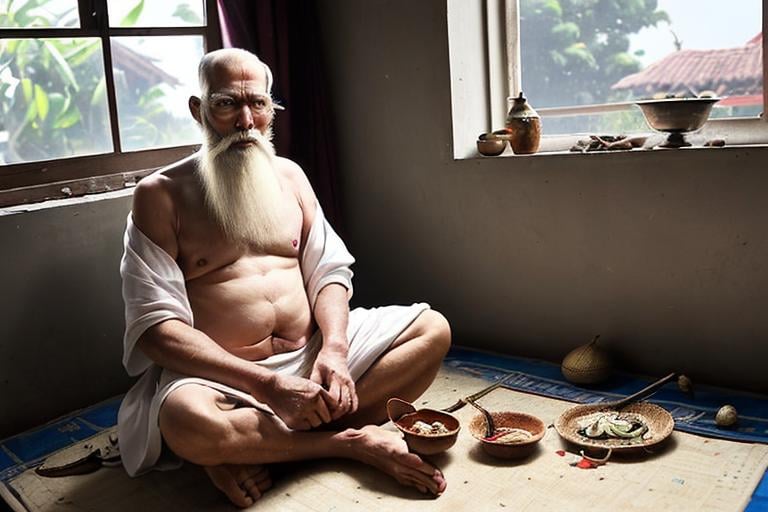 Prompt: The hairless grandfather with a long white beard is sitting on the floor of the house and cutting betel nuts from the window.