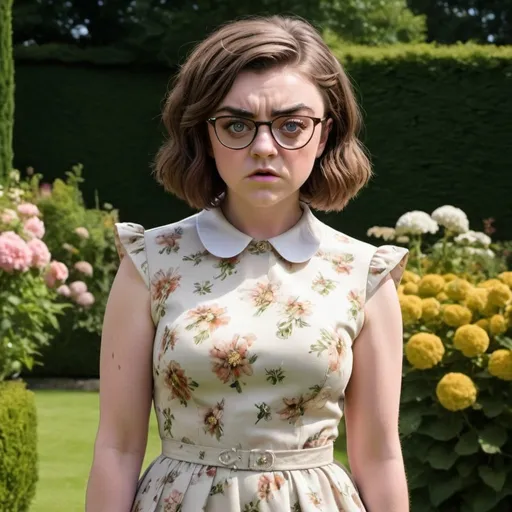 Prompt: Maisie Williams a stepford angry wife woman, massive bouffant flip hairdo, summerdress, high heels, cat eye glasses, standing in a garden