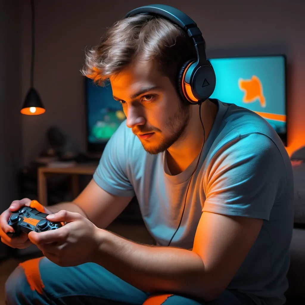 Prompt: a man playing videogames , give some colors with orange without ilumination

