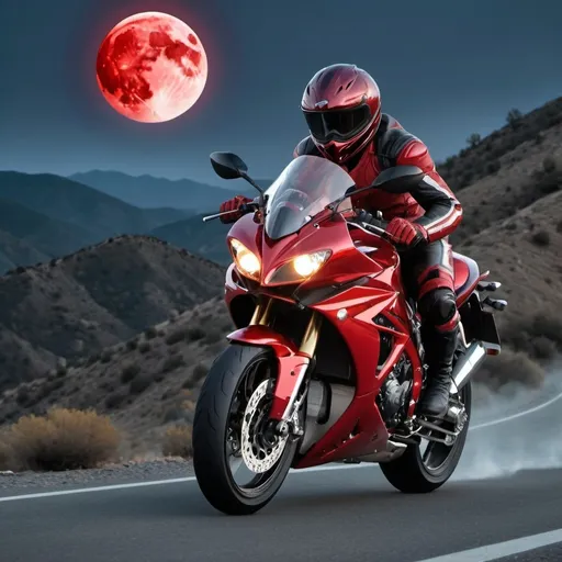 Prompt: A motorcycle, sport bike, the bike glossy red, chrome highlights, speed, riding through mountains, full red blood moon in the sky, rider is wearing racing gear, lighting is somber, the rider looks like a bossfight