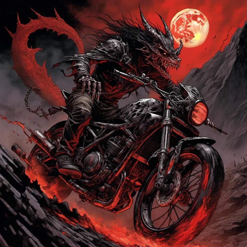 Prompt: DemonPunk DemonPunk <mymodel>

Sport Motorcycle, fast with v4 engine, flames caused by exhaust, black with red highlights, rider wearing black and red racing gear, riding through mountains at godly speeds, black sky with stars that burn brighter than our sun, full red blood moon, escaping from death himself, scary dragon following rider, moon is blood red, 