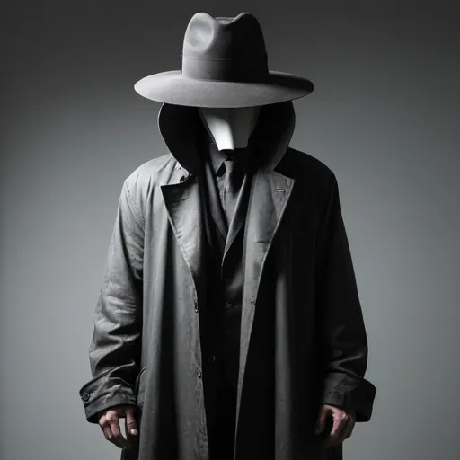 Prompt: A wierd man with a long jacket, a hat and you can not see his face 