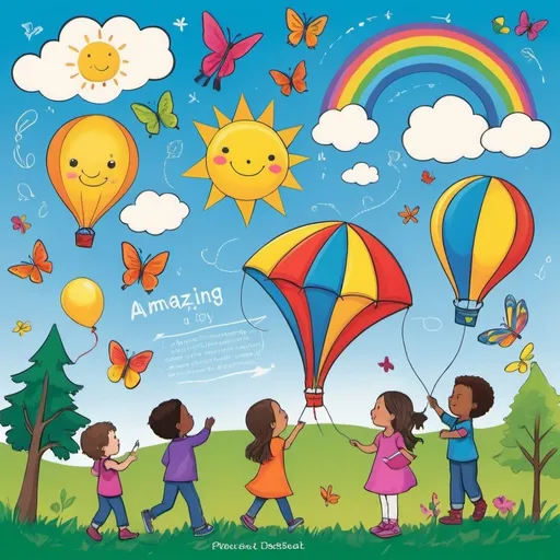 Prompt: The best cover for the *Amazing Days Kids Journal* should be vibrant, fun, and engaging to inspire creativity and excitement in children. Here's a potential design:

- **Bright Colors**: Use a mix of bold and playful colors like yellow, blue, red, and green. These colors are inviting and energizing.
- **Whimsical Illustrations**: Incorporate illustrations of happy children playing, exploring, and engaging in fun activities like flying kites, drawing, or reading.
- **Elements of Nature**: Add elements such as sun, clouds, trees, and animals (like butterflies, birds, or even penguins) to create a sense of wonder and adventure.
- **Interactive Design**: Consider adding small prompts or encouraging phrases on the cover, such as "Let Your Imagination Soar!" or "Every Day is an Amazing Day!" 
- **Personalization Space**: Include a space for kids to write their name or a small doodle, making the journal feel uniquely theirs.