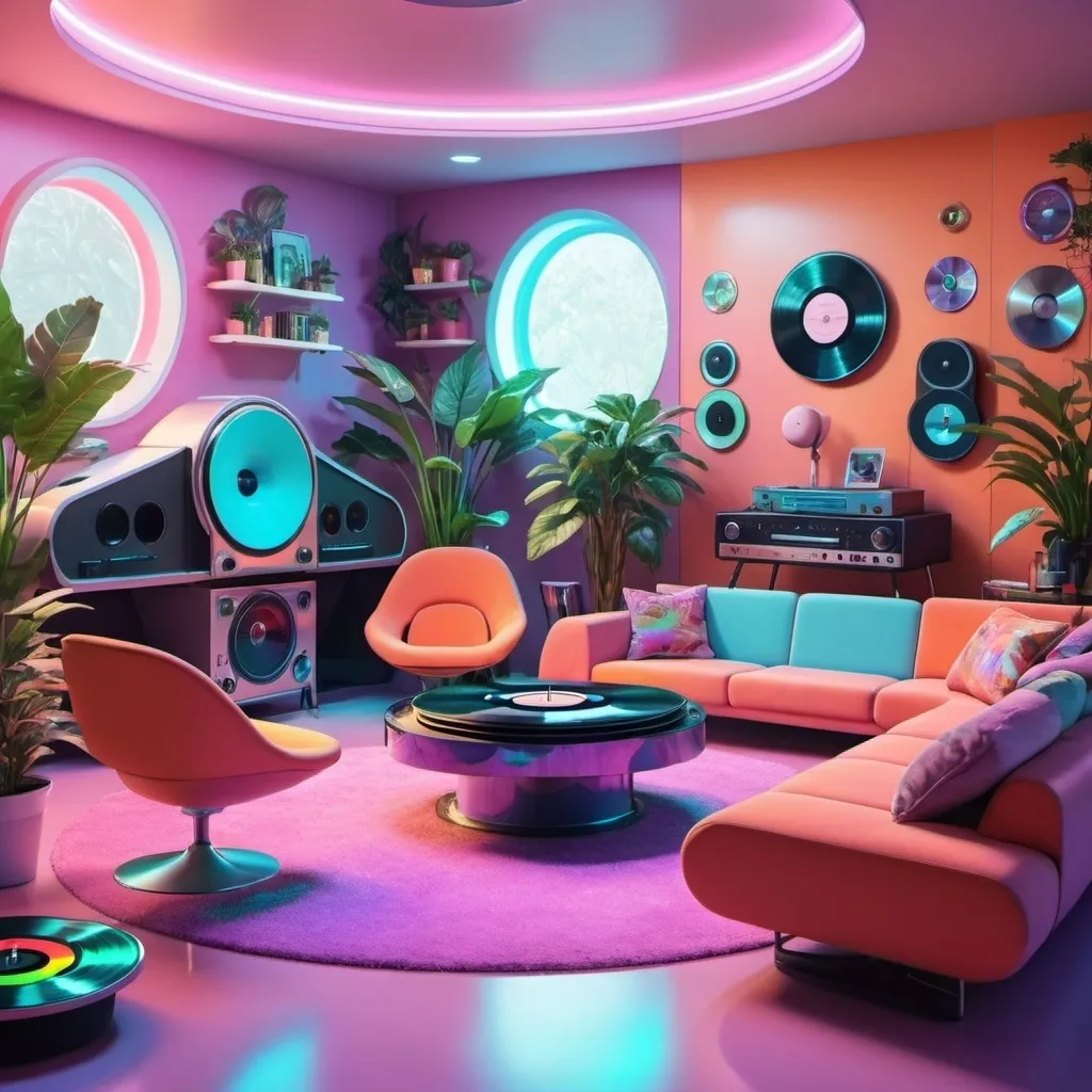 Prompt: A colorful, holographic living room design, with retro-futuristic furniture and lots of plants.  Include a wall of records and a futuristic-looking record player on the left hand side of the room.